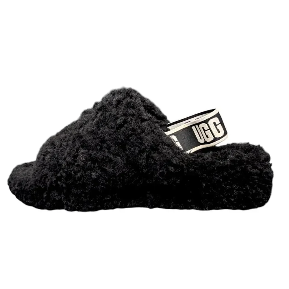 Ugg Fluff Yeah Womens 8 Black Slippers Slides Sandals Fluffy Casual $120 Retail